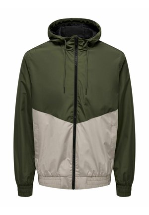 Hooded jacket with a green upper section and cream lower section, zip closure, elastic cuffs, and a smooth, lightweight fabric.