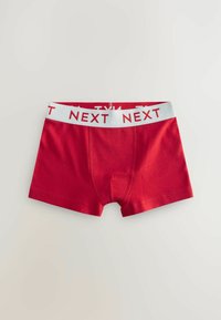 Piros pamut boxer nadrág fehér elasztikus derékkal, amelyen pirosan a "NEXT" felirat található. Sima textúra és testhezálló kialakítás.