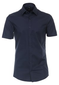 Kurzärmliges, navyblaues Hemd mit Knöpfen aus glattem Stoff, mit strukturiertem Kragen und schmalem Schnitt, ausgestattet mit einer durchgehenden Knopfleiste.