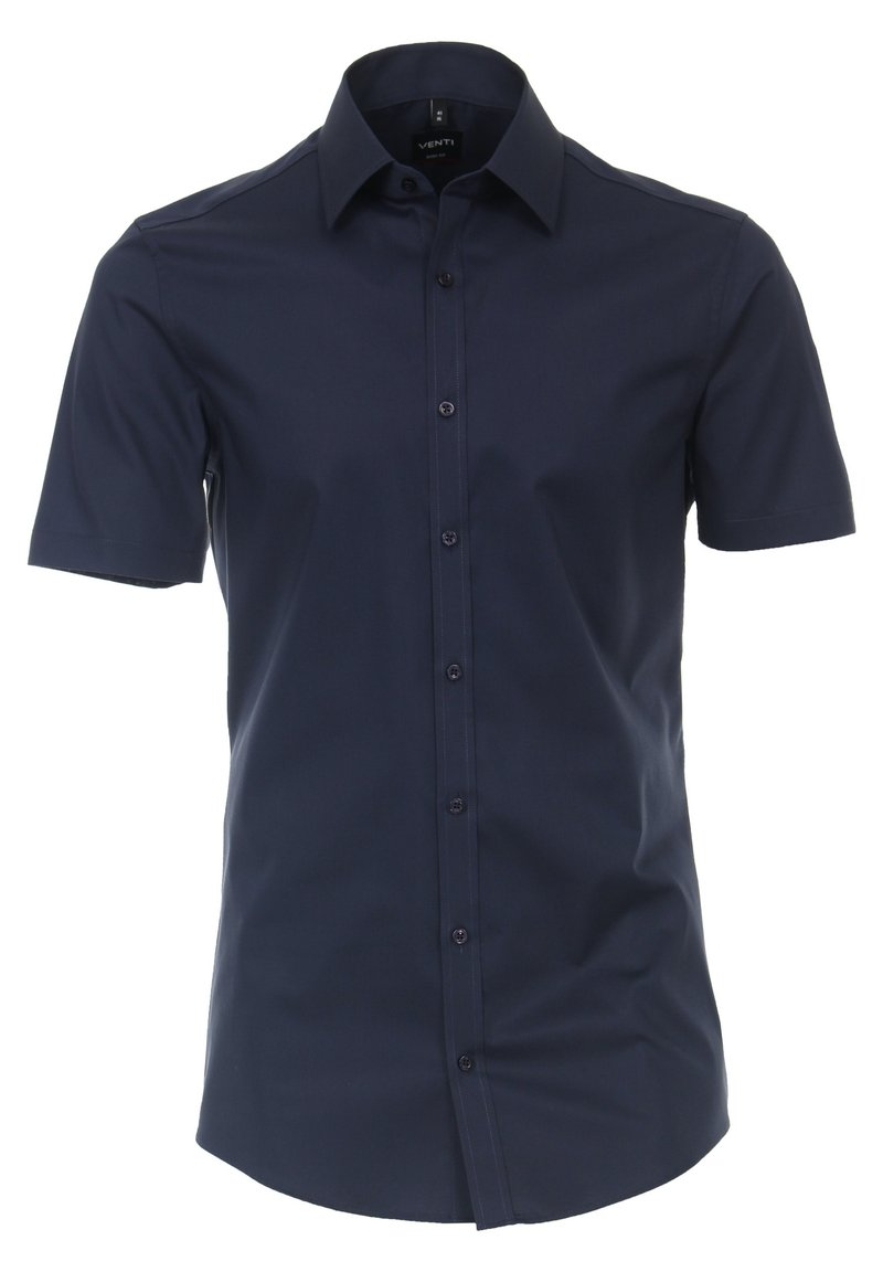 Kurzärmliges, navyblaues Hemd mit Knöpfen aus glattem Stoff, mit strukturiertem Kragen und schmalem Schnitt, ausgestattet mit einer durchgehenden Knopfleiste.