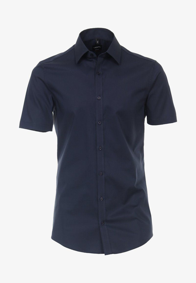 Korte mouw navy button-up shirt van gladde stof, met een gestructureerde kraag en een slim fit, voorzien van een volledige knoopsluiting.