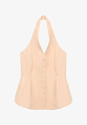 Peach halter-neck top with a deep V-neckline, six front buttons, and structured pockets on the sides. Smooth, textured fabric.