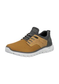 Heren sneaker met een bovenwerk van bruin mesh en beige suède, grijze accenten en een witte flexibele zool. Voorzien van een vetersluiting en een gevoerde kraag.