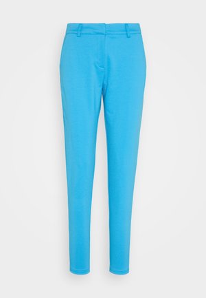 Blue cotton stretch trousers with a slim fit, flat front design, two side pockets, and a smooth texture. Suitable for casual wear.