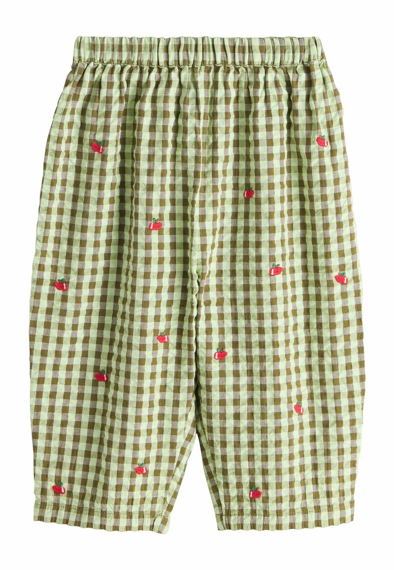 Vihreät ja ruskeat gingham-ruudulliset housut joustavalla vyötärönauhalla. Koko housuissa pieni punainen omppukirjailu. Pehmeä, kevyt kangas.