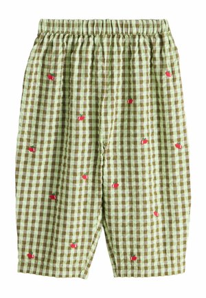 Gingham check pants in green and brown with an elastic waistband. Features small red apple embroidery throughout. Soft, lightweight fabric.