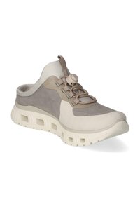 Leichtgewichtiger Schlupfschuh in Beige- und Grautönen mit einem atmungsaktiven Obermaterial, elastischen Schnürsenkeln, strukturierten Wildlederakzenten und einer gepolsterten Sohle.