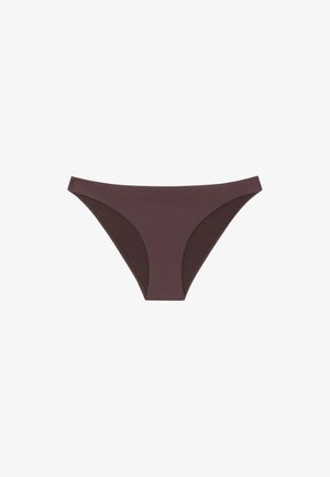 Parte inferior de bikini marrón con una textura acanalada, que presenta paneles laterales en un marrón oscuro contrastante. Diseño simple con un corte moderado y tela suave.