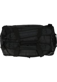 Musta urheilukassi, joka on valmistettu vedenpitävästä materiaalista ja jossa on kaksi kestävää kahvaa, verkkonauhat ja sileä tekstuuripinta.