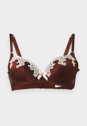Brauner Satin-BH mit weißer Spitzenverzierung an den Cups, verstellbaren Trägern und einer kleinen cremefarbenen Schleife mit einer rosa Perle in der vorderen Mitte.