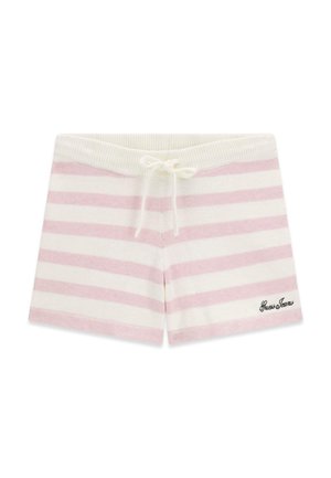 Shorts en maille avec des rayures horizontales roses et blanches, taille élastique avec cordon de serrage, et "Guess Jeans" brodé sur la jambe droite en bas.