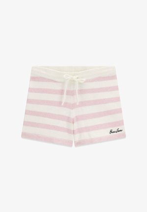 Pantaloncini in maglia con righe orizzontali rosa e bianche, vita elasticizzata con coulisse e ricamo "Guess Jeans" sulla gamba inferiore destra.