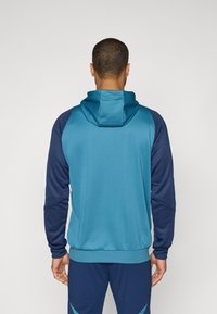 Hooded sweatshirt featuring a teal body and navy sleeves, with a soft texture, ribbed cuffs, and a kangaroo pocket in a sporty design.