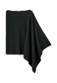 Černý pletený pončo s asymetrickým designem. Měkká textura, široký odkap, jemné lemy. Minimalistický vzhled bez vzorů nebo akcentů.