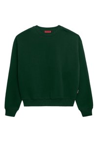 Felpa verde a girocollo realizzata in tessuto morbido. Presenta polsi e orlo a coste, con un'etichetta sul lato. Texture liscia e vestibilità comoda.