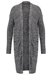 Długi kardigan wykonany z teksturowanej dzianiny w czarno-białe wzory. Otwarty przód bez guzików, z dwoma przednimi kieszeniami i ściągaczami przy rękawach.