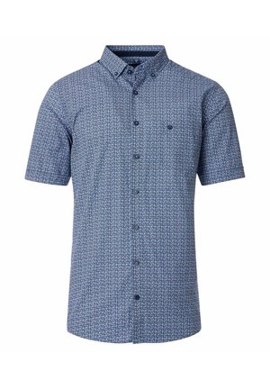 Korte mouwen knoopshirt in het blauw met een geometrisch patroon, gekraagde hals en contrasterende knopen voor een textuurrijke uitstraling.