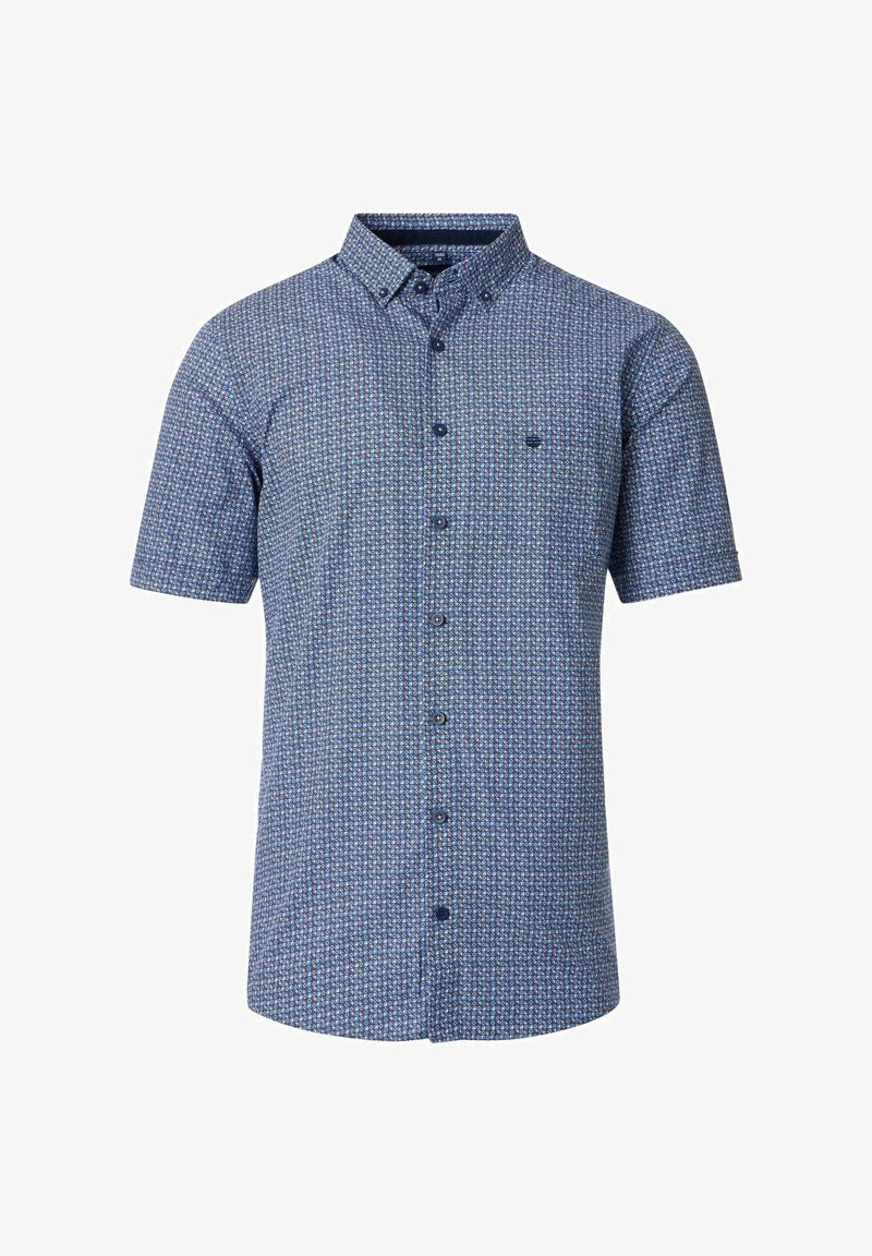 Korte mouwen knoopshirt in het blauw met een geometrisch patroon, gekraagde hals en contrasterende knopen voor een textuurrijke uitstraling.