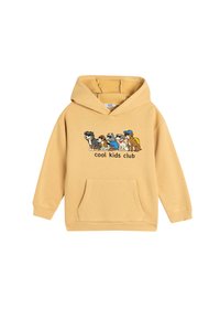 Sudadera amarilla con un bolsillo frontal y capucha con cordón. Presenta un diseño de dibujos animados de varios perros con el texto "club de los chicos geniales."