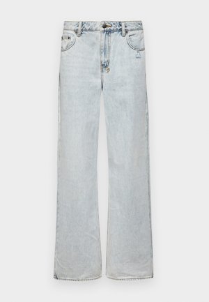Lysblå brede jeans lavet af denim, med et klassisk fem-lomme design, en knaplukning og subtile slidte detaljer.