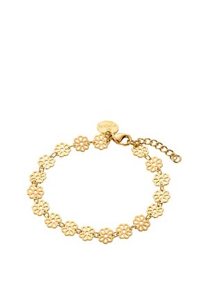 Delicate gold bracelet with small linked flower-shaped charms and a lobster clasp with adjustable chain and brand tag.