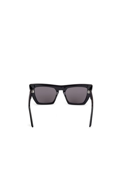 Black sunglasses with a geometric frame, gray lenses, and sleek plastic arms. Notable for their angular design and polished finish.