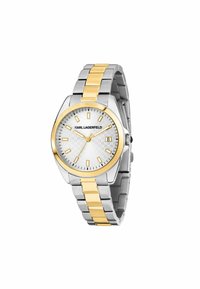Orologio in acciaio inossidabile con finitura argento e oro, dotato di un quadrante bianco con texture, indicatori e una finestra della data alle tre.