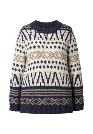 Strikket sweater i krem, marineblå og taupe. Har geometriske mønstre og en ribbet rund hals. Lange ærmer med brede manchetter. Løs pasform.