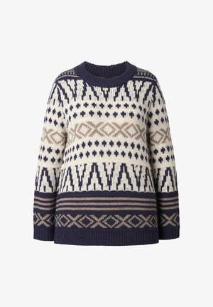 Jersey de punto en crema, marino y topo. Presenta patrones geométricos y un cuello redondo acanalado. Mangas largas con puños anchos. Corte holgado.