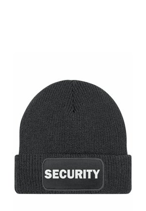 Black knit beanie with a folded cuff featuring a rectangular patch that reads "SECURITY" in white lettering. Soft texture and close-fitting design.