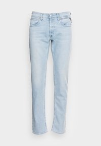 Ljusblå denimjeans med rak benprofil, fem fickor, knapp- och dragkedjestängning samt subtila blekningsdetaljer på tyget.