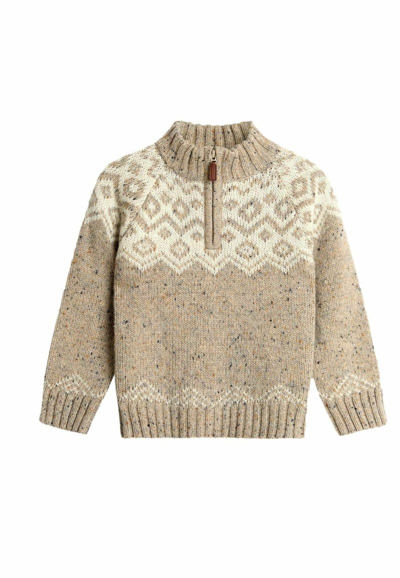 Beige gestrickter Pullover mit hohem Kragen, Reißverschluss und weißen geometrischen Mustern. Verfügt über gerippte Manschetten und einen unteren Saum mit mehrfarbigen Sprenkeln.