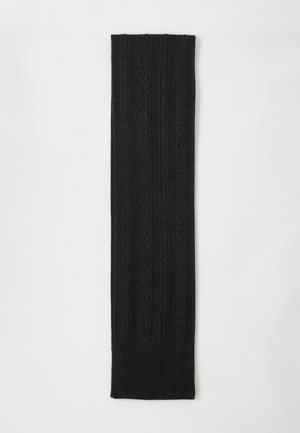 Μαύρο πλεκτό κασκόλ με ριγωτή υφή και σχέδιο με καλώδιο, διαθέτει μονόχρωμο και ομοιόμορφο ορθογώνιο σχήμα.