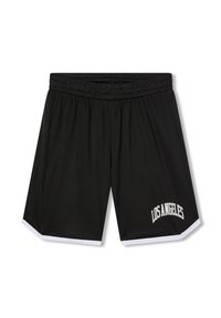 Pantaloni corti in rete neri con una vestibilità comoda, dotati di una cintura elastica e bordo bianco. "LOS ANGELES" è ricamato sul lato sinistro.