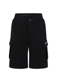 Shorts cargo noirs au design épuré, avec poches avant, rabats latéraux à fermeture à bouton, et une taille élastique avec des détails de logo.