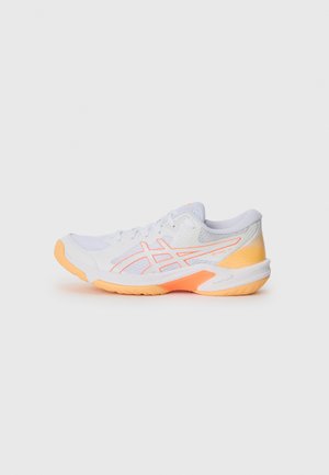 White athletic shoe with light orange accents, mesh upper, lace closure, and textured sole. Features noted brand logo on the side.