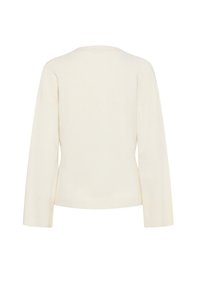 Cream-colored knitted sweater with a rounded neckline and long sleeves, featuring ribbed cuffs and a relaxed fit. No visible patterns or accents.