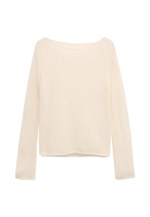 Kremowy sweter z długim rękawem, szerokim dekoltem i lekko luźnym krojem.