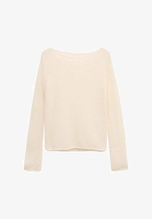 Kremowy sweter z długim rękawem, szerokim dekoltem i lekko luźnym krojem.