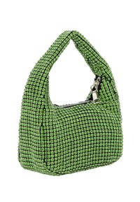 Grøn håndtaske med rhinestones, i hobo-form, med en kort hank og lynlås, mod en hvid baggrund.