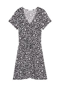 Robe noire à manches courtes avec un motif floral blanc, décolleté en V, boutons sur le devant et une ceinture à nouer à la taille.