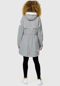 Gray waterproof jacket with a drawstring waist, hood, and elastic cuffs. Features a rear yoke and logo accents on the sleeves.