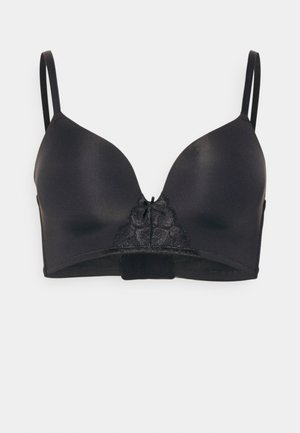 Fekete melltartó sima anyagból, mély dekoltárral, állítható pántokkal és csipkebetéttel a középső részen. Klasszikus stílus, varrat nélküli kialakítással.