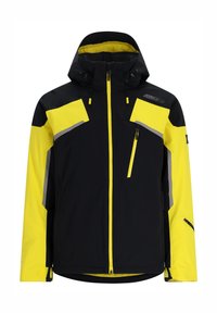 Schwarze und gelbe wasserdichte Jacke mit Kapuze, Reißverschlusstaschen, reflektierenden Akzenten und farblich abgesetztem Design. Strapazierfähiger Stoff.
