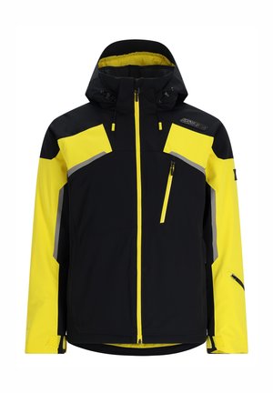 Veste imperméable noire et jaune avec capuche, poches zippées, accents réfléchissants et design à blocs de couleur. Tissu durable.