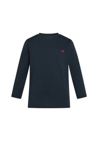 Camicia a maniche lunghe in cotone blu navy, con un piccolo logo rosso sul lato sinistro superiore e colletto rotondo.