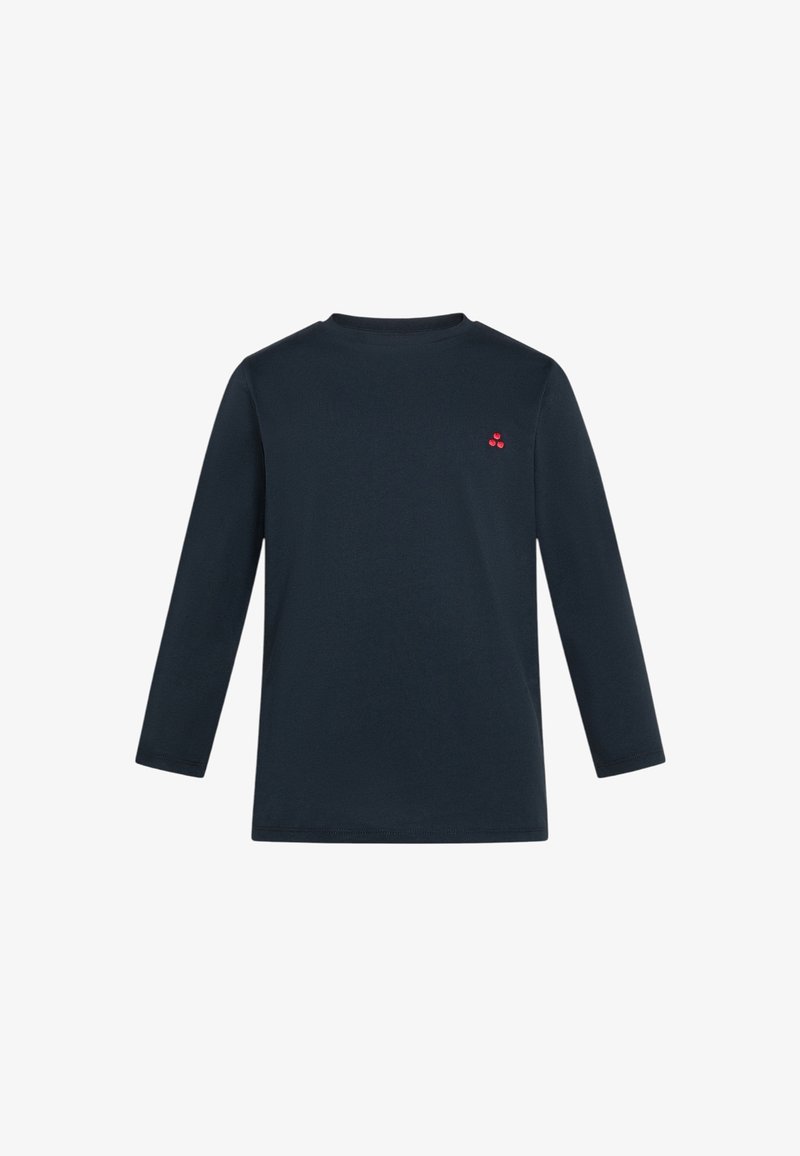 Camicia a maniche lunghe in cotone blu navy, con un piccolo logo rosso sul lato sinistro superiore e colletto rotondo.