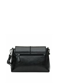 Borsa nera in pelle con tasca frontale con zip, patta pieghevole e tracolla regolabile. Presenta una texture liscia e un design minimalista.