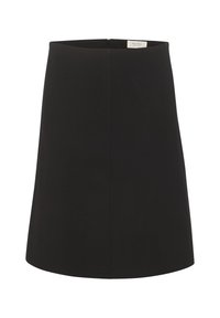 Gonna nera a forma di A realizzata in un tessuto morbido e elasticizzato. Presenta una chiusura con zip sul retro e un design pulito e minimalista senza motivi.