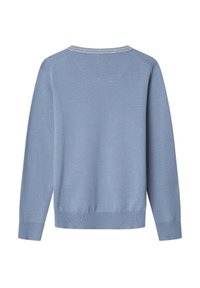 Maglione azzurro chiaro, in morbido materiale a maglia, con colletto a girocollo, maniche lunghe, polsini e orlo a coste, design semplice senza dettagli aggiuntivi.